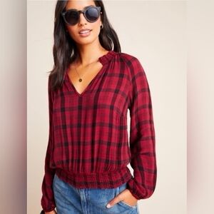 Anthropologie/Cloth & Stone Red Plaid Smocked V-Neck Blouse Womens Large